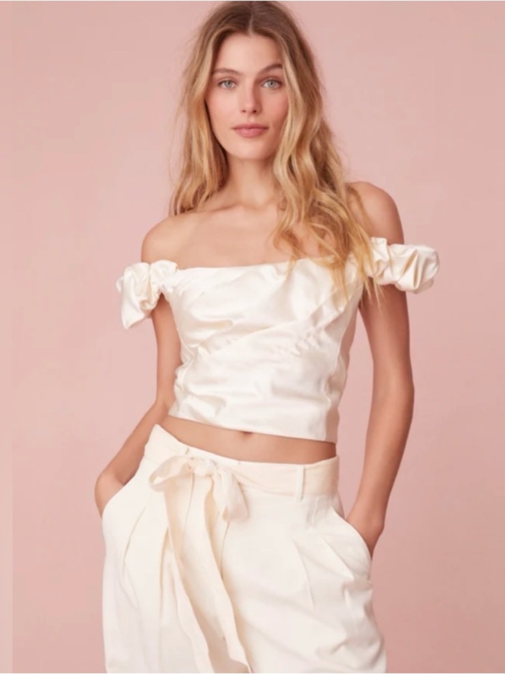 LoveShackFancy Ileana Off The Shoulder Satin Ruffle Bustier Top Cream NEW $365